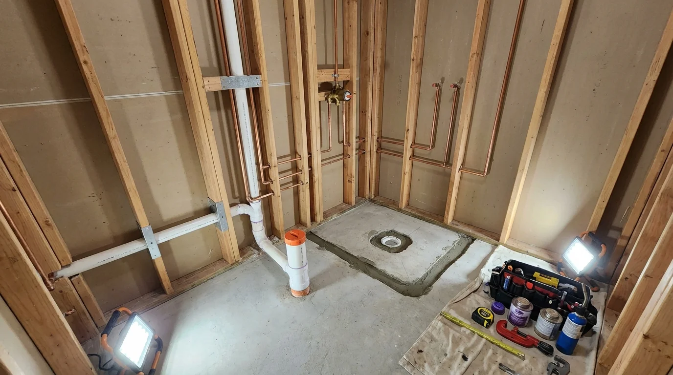 Bathroom rough-in plumbing during remodel by Johns Plumbing LLC in Miller