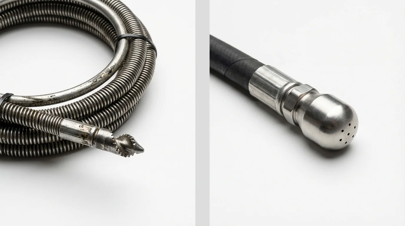 Drain snake cable and hydro jetting nozzle used for drain cleaning in Miller, SD