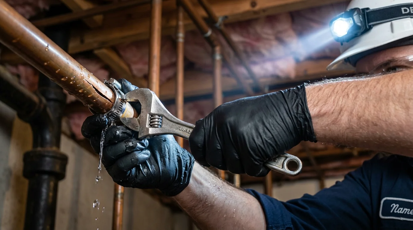 Emergency pipe clamp repair being performed by a Johns Plumbing LLC plumber in Miller