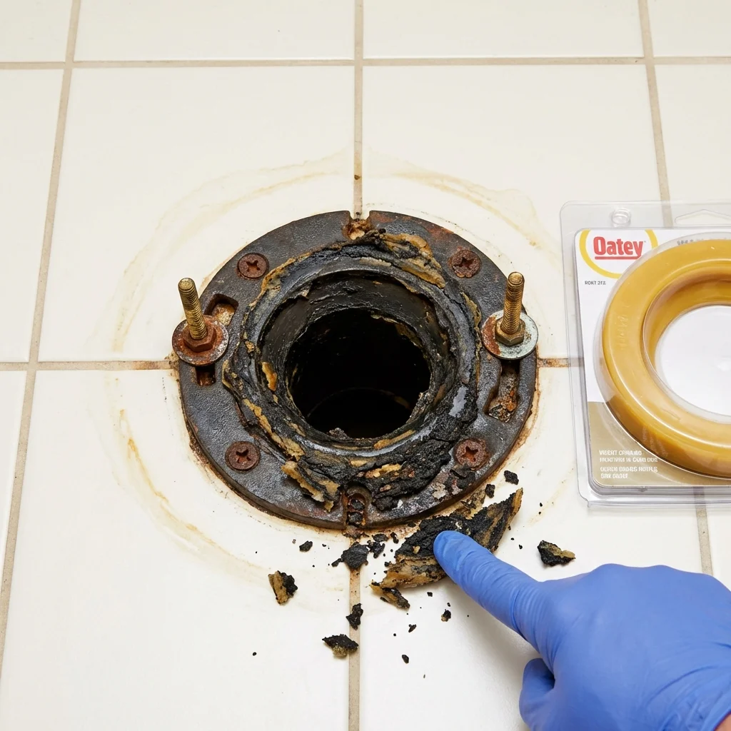 Failed wax ring showing water seepage at the base of a toilet in a Miller, SD home