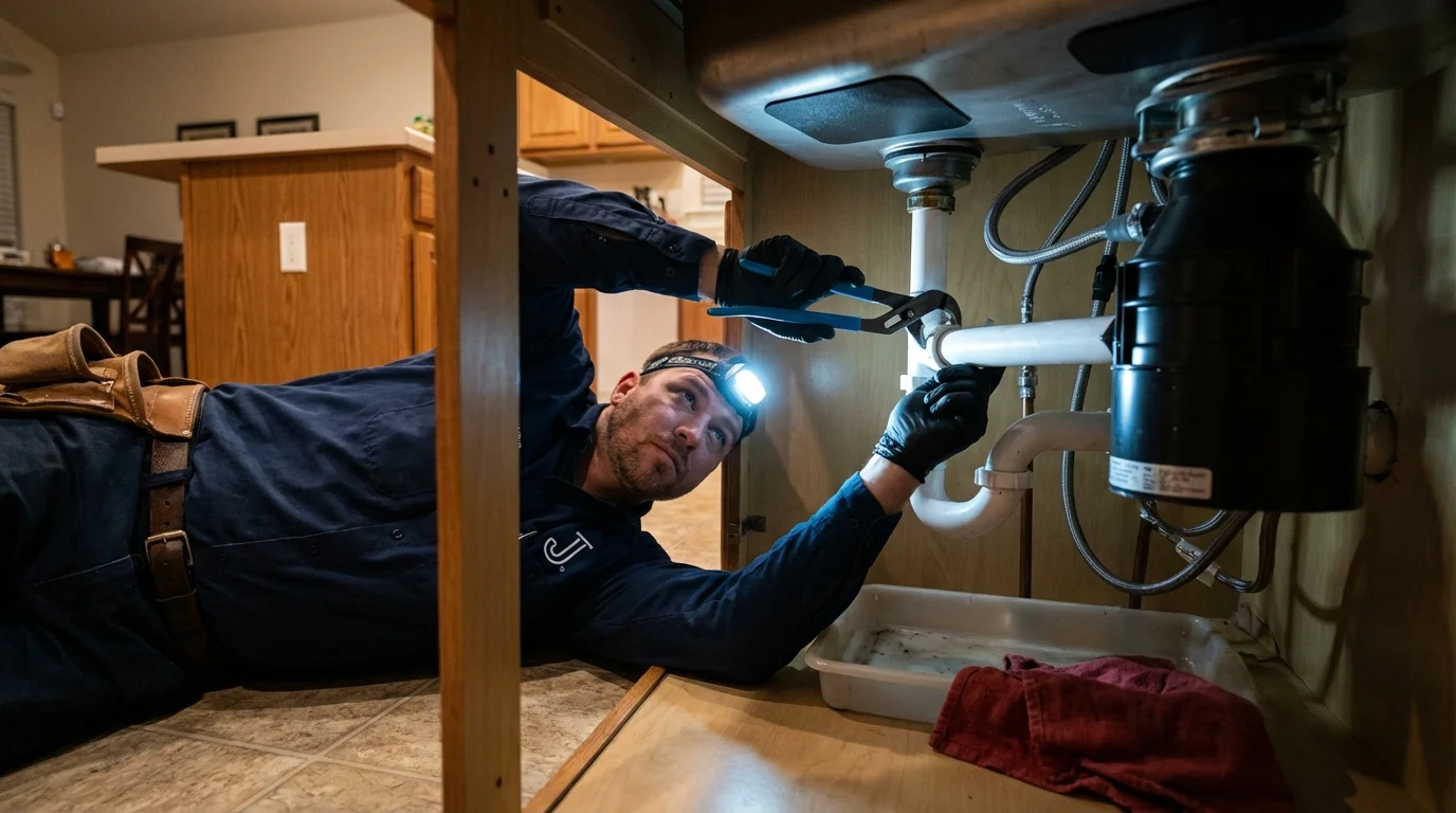 P-trap and supply line connections under a kitchen sink showing a common leak point in Miller, SD